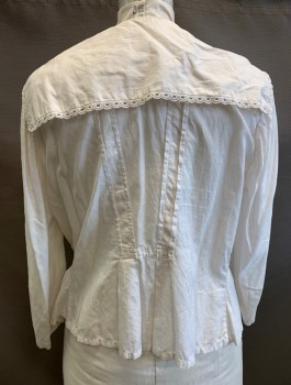 N/L MTO, Off White, Cotton, Diamonds, Made To Order, Self Pattern, 3/4 Sleeves, Button Front, Sailor Collar with Scallopped Lace Trim, Vertical Pintucks at Upper Chest, Square Patch/Mend at Front Hem
