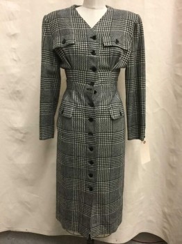Valentino, Cream, Black, Wool, Plaid, Button Front, V-neck, Long Sleeves, 4 Flap Pockets