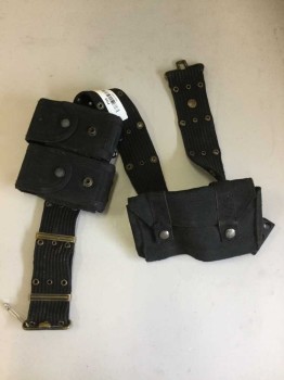 NO LABEL, Black, Cotton, Nylon, Ribbed Belt with Brass Grommets, Clasp Buckle, Adjustable, Black Nylon Pouches Attached with Snaps