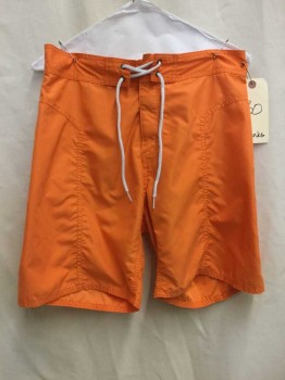TRUNKS, Orange, Synthetic, Solid, White Cord. Drawstrings at Center Front Waist, 1 Back Pocket, 8.5" Inseam, Mesh Lining