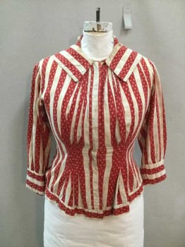 N/L, Red, Beige, Lt Gray, Cotton, Stripes, Working Class Blouse. Patterned Striped Cotton Flannel, Wide Collar, Long Sleeves, Hidden Button & Hook & Eye Closure Center Front, Twill Tape Tie at Waist. Blouse Darted Through Waist. Small Stress Holes at Darts.,