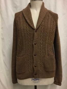 Mens, Cardigan Sweater, JCREW, Brown, Cotton, Heathered, Cable Knit, XL, Heather Brown, Button Front, 2 Pockets,