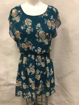 Womens, Dress, Short Sleeve, LUSH, Teal Green, Beige, Lt Pink, Dk Gray, Lt Olive Grn, Polyester, Floral, XS, Sheer Roses Print W/green Lining, Round Neck,  Cut-off Short Sleeves, Elastic Gathered Waist, Key Hole Back W/1 Button