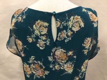 Womens, Dress, Short Sleeve, LUSH, Teal Green, Beige, Lt Pink, Dk Gray, Lt Olive Grn, Polyester, Floral, XS, Sheer Roses Print W/green Lining, Round Neck,  Cut-off Short Sleeves, Elastic Gathered Waist, Key Hole Back W/1 Button