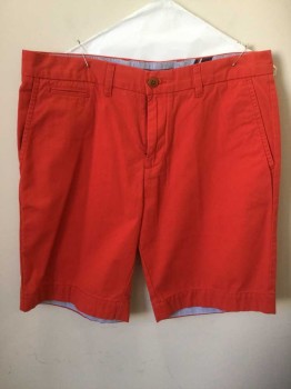 Mens, Shorts, TOMMY HILFIGER, Red-Orange, Cotton, Solid, 33, Flat Front, Belt Loops, Zip Fly, 5 + Pockets (including Watch Pocket)
