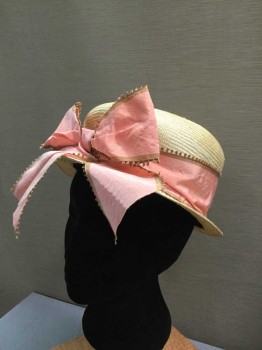 Womens, Hat, BARBARA FEINMAN, Tan Brown, Pink, Lt Brown, Straw, Silk, Tan Straw Small Hat with Small Brim, Pink Silk Hat Bandwith Light Brown Trim, Bow in Front, White Glue Stuck on Sides, Repro