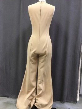Womens, Jumpsuit, RIGHT ON, Tan Brown, Navy Blue, Gray, Red Burgundy, White, Polyester, Solid, Stripes, 28W, 36, Crew Neck, Center Back Zipper,  Hook & Eye Closure for Neckline, Princess Seaming, Elephant Bell / Wide Bell Pants, Ribbons in the Colors Diagonally Wrapped As Trim to Neckline, No Pockets
