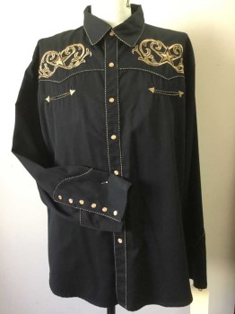 Mens, Western, SCULLY, Black, Tan Brown, Polyester, Rayon, Solid, 3X, Brown Snap Front, Twisted Rope Piping, Metallic Embroidered Yoke, Arrow Point Welt Pocket, Lots of Snaps on Cuffs