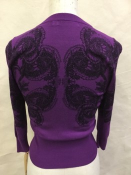 Womens, Sweater, KAREN MILLEN, Purple, Black, Silver, Cotton, Rayon, Paisley/Swirls, Solid, XS, Round Neck,  3/4 Sleeves, Bright Silver Snaps on Black Grosgrain Closure, Tattoo Like Lace Print