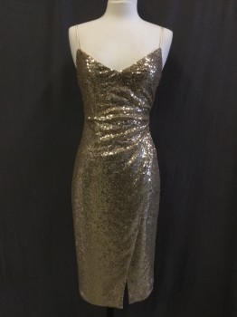 BLACK HALO, Champagne, Sequins, Solid, V-neck, Spaghetti Strap, Back Zipper, Overlap Wrap Front Skirt with Vertical Gathers and Drape Left Waist