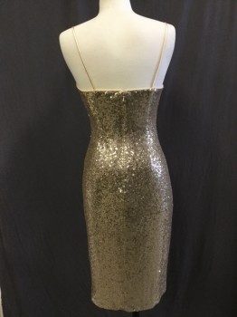 BLACK HALO, Champagne, Sequins, Solid, V-neck, Spaghetti Strap, Back Zipper, Overlap Wrap Front Skirt with Vertical Gathers and Drape Left Waist