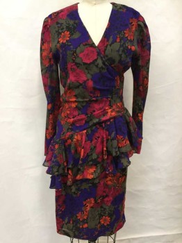 LIZ ROBERTS, Purple, Fuchsia Pink, Black, Brown, Orange, Polyester, Floral, Chiffon, Long Sleeves, Plunging V-neck, Surplice Bodice, Puffy Sleeves, 2 Tiered Ruffles/Peplums At Dropped Waist, Straight Fit Skirt, Hem Below Knee,