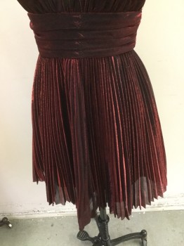 ABS, Black, Iridescent Red, Polyester, Solid, Iridescent. Shot Black & Red Poly Knit. Deep V.neck Front and Back, Sleeveless. Knife Pleated Skirt, Sash at Waist, Zipper Center Back,