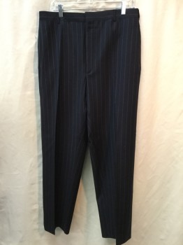 Mens, 1990s Vintage, Suit, Pants, POLO, Navy Blue, Lt Gray, Wool, Stripes, 29.5, 32, Flat Front Zip Fly