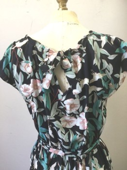 Womens, Dress, Short Sleeve, LAUREN CONRAD, Black, White, Lt Pink, Mint Green, Polyester, Floral, S, Black Background with Pastel White, Light Pink, Mint Etc. Floral, Cap Sleeves, Pleated Detail at Scoop Neck, Elastic Waist, Hem Above Knee,  **2 Piece: with Matching Self Fabric Sash BELT