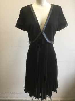 Womens, Dress, Short Sleeve, THE KOOPLES, Black, Viscose, Leather, Solid, W:28, B:34, Short Sleeves, Top Half is Solid, V-neck, with 3/4" Wide Leather Trim at Neck, Cuffs and Angled Waistline, Skirt is Chemically Pressed Knife Pleats, Hem Above Knee