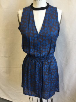 A.L.C, Brown, Teal Blue, Black, Silk, Floral, Sheer, V-neck, Cut Out Solid Black Round Neck, Sleeveless, Zip Back, Elastic Waistband