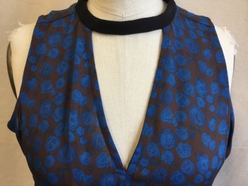 A.L.C, Brown, Teal Blue, Black, Silk, Floral, Sheer, V-neck, Cut Out Solid Black Round Neck, Sleeveless, Zip Back, Elastic Waistband