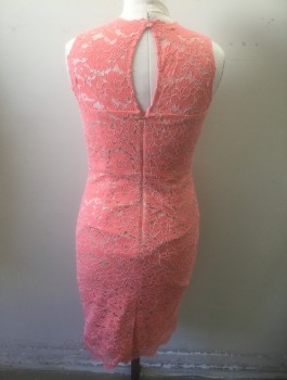 VINCE CAMUTO, Salmon Pink, Nylon, Cotton, Floral, Salmon Floral Lace Over Opaque Beige Underlayer, Sleeveless, Round Neck, Sheer Shoulders/Upper Chest, Knee Length Sheath