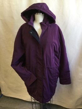 BASIC EDITION, Red Burgundy, Black, Polyester, Solid, Black Fuzzy Lining Upper Top & Inside Hood, Collar Attached, Zip and Snap Front, 4 Pockets, Black D-string Waist Inside, Long Sleeves,