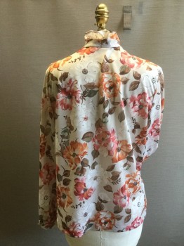 TEDDI, Putty/Khaki Gray, Polyester, Floral, Putty Background with Rust and Red Browns in Floral Print, Poly Knit, Button Front, Long Sleeves, Collar Band & Cuffs Trimmed with Self Ruffle. Self Tie at Neck. No Buttons at Cuffs, Late 70's Early 80's Blouse.