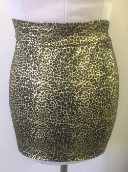 Womens, Skirt, Mini, FOREVER 21, Gold, Black, Polyester, Spandex, Animal Print, L, Leopard Spots, Stretchy Jersey, Bodycon Club Skirt
