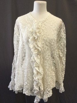 Womens, Shirt, NL, Cream, Polyester, Spandex, Solid, Floral, B36, Self Stretch Mesh Lace, Long Ruffled Tiered Sleeves, Standing  Collar, Ruffle Bib, Tent Fit, Handkerchief Hem, Button Front,