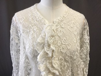 NL, Cream, Polyester, Spandex, Solid, Floral, Self Stretch Mesh Lace, Long Ruffled Tiered Sleeves, Standing  Collar, Ruffle Bib, Tent Fit, Handkerchief Hem, Button Front,