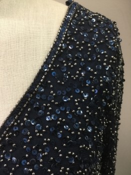 Womens, Evening Gown, JKARA, Navy Blue, Silver, Polyester, Beaded, 6, 3/4 Sleeves, V-neck, Beaded and Sequin Top, Georgette Skirt, Pullover,