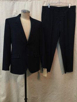 JF , Navy Blue, Polyester, Rayon, Solid, Navy, Notched Lapel, 2 Buttons,  3 Pockets,