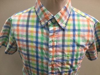 CREWCUTS, White, Blue, Green, Yellow, Peach Orange, Cotton, Plaid, Button Front, Short Sleeves, 1 Pocket, Button Down Collar Attached