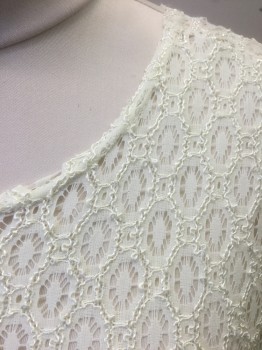 MOINE, Cream, Polyester, Lycra, Geometric, Stretchy Sheer Lace, Long Sleeves, Wide Scoop Neck, Form Fitting,