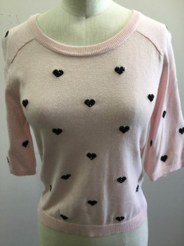 Womens, Pullover, H&M DIVIDED, Baby Pink, Black, Cotton, Solid, Novelty Pattern, S, Ballet Neck, Short Sleeves, Black Heart Print W/beads