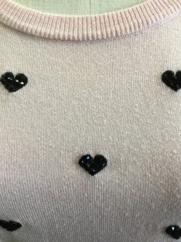 Womens, Pullover, H&M DIVIDED, Baby Pink, Black, Cotton, Solid, Novelty Pattern, S, Ballet Neck, Short Sleeves, Black Heart Print W/beads