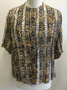 Womens, Shirt, GOOD OLD TIMES, Black, White, Orange, Cotton, Batik, Stripes, XL, African Inspired, Button Front, Band Collar, Pleated at Panel Off Shoulder, Short Sleeves