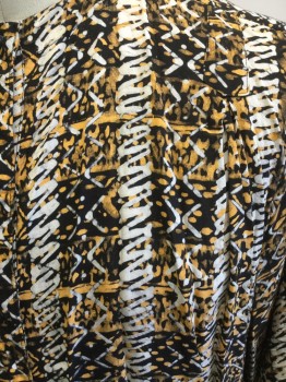 GOOD OLD TIMES, Black, White, Orange, Cotton, Batik, Stripes, African Inspired, Button Front, Band Collar, Pleated at Panel Off Shoulder, Short Sleeves