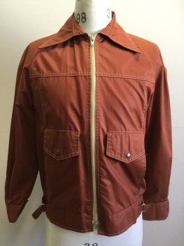 Mens, Jacket, HORIZON, Brown, Cotton, Polyester, Solid, C42, S, Zip Front, Pointy Collar Attached, Raglan Long Sleeves with Snap Cuff, 4 Pockets, 2 Side Waist Buckle Tabs, Cream Stitching **shoulder Burn***