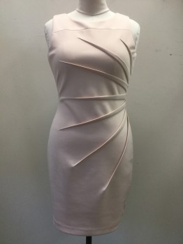 CALVIN KLEIN, Lt Pink, Polyester, Solid, Knit, Round Neck,  Sleeveless, Back Zipper, Sun Ray Darts Fan Out From Left Front Waist