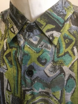 Mens, Club Shirt, CODE ZERO, Multi-color, Slate Blue, Lime Green, Black, Gray, Rayon, Abstract , Geometric, L, Funky Artsy Pattern with Diamonds, Zig Zags, Spirals, Etc, Long Sleeve Button Front, Collar Attached, 1 Patch Pocket,