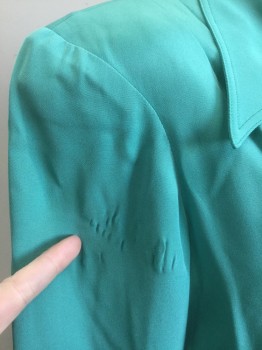 N/L MTO, Jade Green, Silk, Solid, Broadcloth, Long Sleeves, Shirtwaist, Pointy Collar Attached, Tiny Patch Pocket at Bust, Padded Shoulders, Button Front, Pleats at Center Front Waist/Bust, Flared/Full Skirt, Knee Length, 2 Pockets at Hips in the Seam, Made To Order, Bodice Flat-lined in Muslin. Has Stress Marks at Front of Sleeve, See Detail Photo, Multiples,