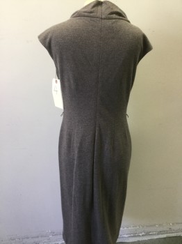 Womens, Dress, Sleeveless, LAFAYETTE, Taupe, Wool, Heathered, 4, Assymetrical Folded Collar That Turns Into a Ruffle, Back Zip, Back Slit, Below Knee Length
