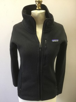 Womens, Casual Jacket, PATAGONIA, Faded Black, Polyester, Solid, XS, Zip Front, Knit, Sweater Like Body with Spandex Under Arm and Sides, Thumb Hole in Sleeve