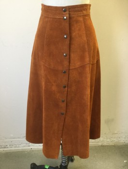 N/L, Rust Orange, Suede, Solid, A-Line, Knee Length, Snap Closures at Front,