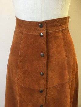 N/L, Rust Orange, Suede, Solid, A-Line, Knee Length, Snap Closures at Front,