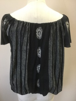Womens, Top, FREE PEOPLE, Navy Blue, Ivory White, Cotton, Stripes - Vertical , Novelty Pattern, Small, Short Sleeves, Square Neckline, Elastic Waist, Drawstring at Shoulders,