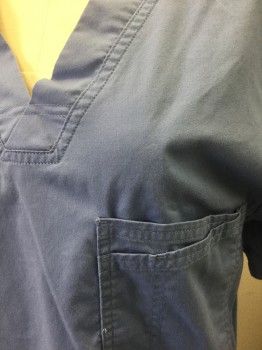 CHEROKEE, French Blue, Cotton, Polyester, Solid, Twill, Short Sleeves, V-neck, 1 Chest Pocket with Several Compartments
