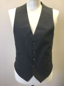 Mens, 1980s Vintage, Suit, Vest, GIVENCHY, Gray, Wool, 42, with White Dotted Pinstripes, 5 Buttons, 2 Pockets, Gray Silk Lining & Back with Repeating Self "Givenchy" Text Pattern,