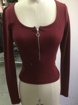 Womens, Top, TOP SHOP, Red Burgundy, Polyester, Cotton, Solid, 2, Tee, Pull Over, Scoop Neck, Long Sleeves, Zip Chest, Ribbed