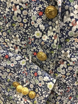 Womens, Blazer, LIBERTY -- J. CREW, Navy Blue, Off White, Red, Pink, Lime Green, Cotton, Floral, 2, Navy with Off White/red/pink/lime/yellow Tiny Floral Print with Navy Lining, Notched Lapel, Single Breasted, 2 Gold Button Front, Long Sleeves,