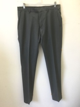 ZARA, Gray, Wool, Polyester, Solid, Flat Front, Tab Waist, Zip Fly, 4 Pockets, Slim Leg